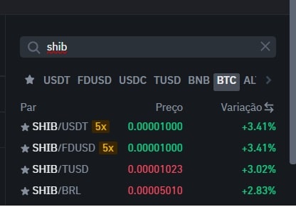 Seção de pesquisa de criptomoedas