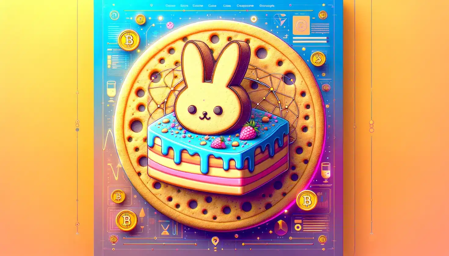 A imagem apresenta um cenário colorido e digital, onde o destaque é o símbolo da CAKE da PancakeSwap: um coelho estilizado como um biscoito, evocando um ar lúdico e amigável. Este coelho-biscoito está situado em um fundo que mistura elementos de tecnologia digital, como padrões de circuitos e ícones de criptomoedas, com toques de um tema de sobremesas, simbolizando a fusão do mundo financeiro descentralizado com a identidade divertida da PancakeSwap. A atmosfera é ao mesmo tempo inovadora e acolhedora, representando um espaço onde finanças e diversão se encontram, refletindo o posicionamento único da PancakeSwap no ecossistema DeFi.