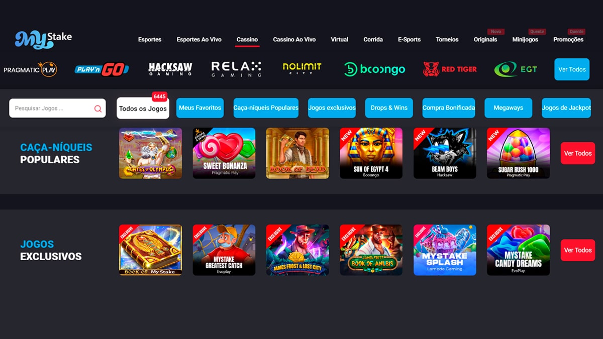 Em parceria com grandes provedores, o MyStake Casino oferece uma cobertura completa dos principais jogos de cassino online em sua plataforma