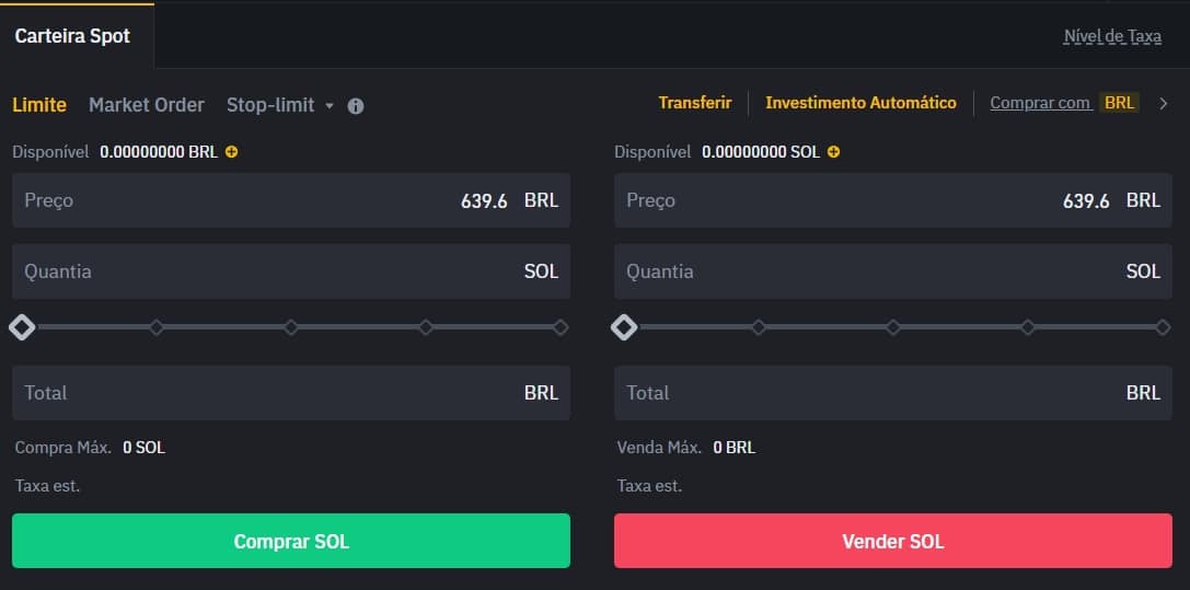 Botão para comprar e vender SOL