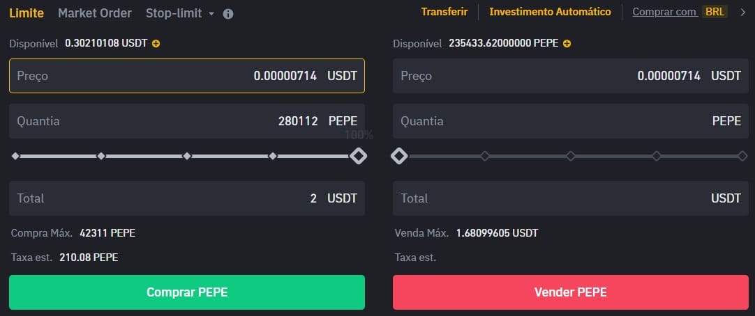 Comprar pepecoin com USDT