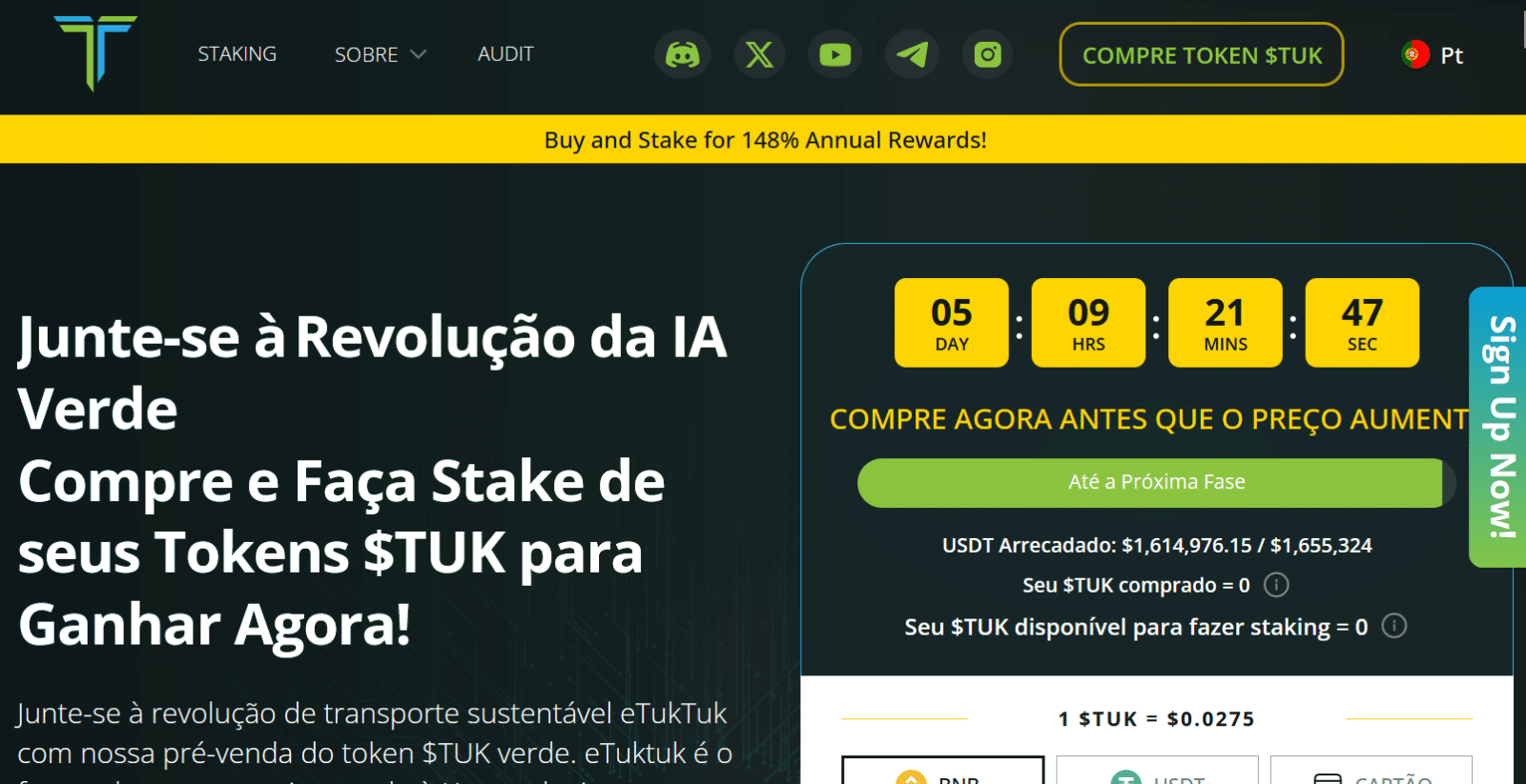 Printscreen da página inicial da pré-venda com projeto eTukTuk, com informações sobre o projeto, valores e dados de como comprar.