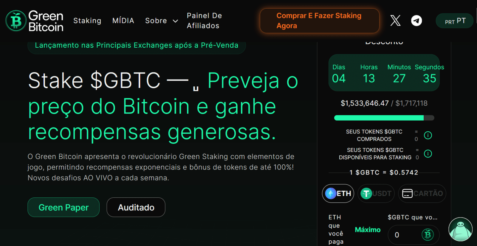 Imagem da página inicial do projeto de pré-venda do GreenBitcoin com dados e informações gerais sobre a compra.