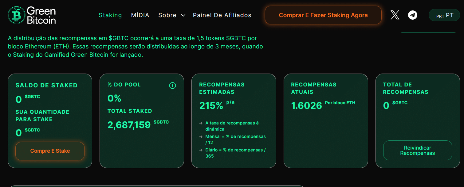 Imagem da tela de informações sobre o sistema de Staking do projeto GreenBitcoin