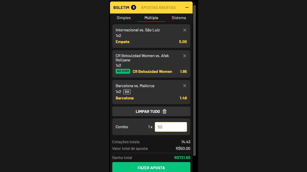 É possível montar cartelas simples e múltiplas para apostar no sportsbook da KTO