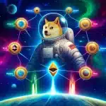 Representação realista de Cosmo, o Doge astronauta, centralizado em um vibrante cenário espacial. Cosmo está vestido com um traje espacial detalhado e um capacete de astronauta, olhando com expressão de aventura. Ao redor dele, portais representando diferentes blockchains, como Ethereum, BNB Chain, Polygon, Solana, Avalanche e Base, cada um com um design único que reflete suas características. Conexões em forma de feixes de luz ou circuitos de dados interligam os portais, simbolizando a interoperabilidade entre eles. O logotipo do Dogeverse e o slogan 'Explore o Universo Cripto com Cosmo' complementam a cena.