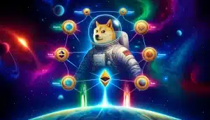 Representação realista de Cosmo, o Doge astronauta, centralizado em um vibrante cenário espacial. Cosmo está vestido com um traje espacial detalhado e um capacete de astronauta, olhando com expressão de aventura. Ao redor dele, portais representando diferentes blockchains, como Ethereum, BNB Chain, Polygon, Solana, Avalanche e Base, cada um com um design único que reflete suas características. Conexões em forma de feixes de luz ou circuitos de dados interligam os portais, simbolizando a interoperabilidade entre eles. O logotipo do Dogeverse e o slogan 'Explore o Universo Cripto com Cosmo' complementam a cena.