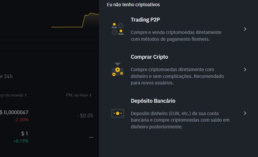 Depósito para comprar criptomoedas