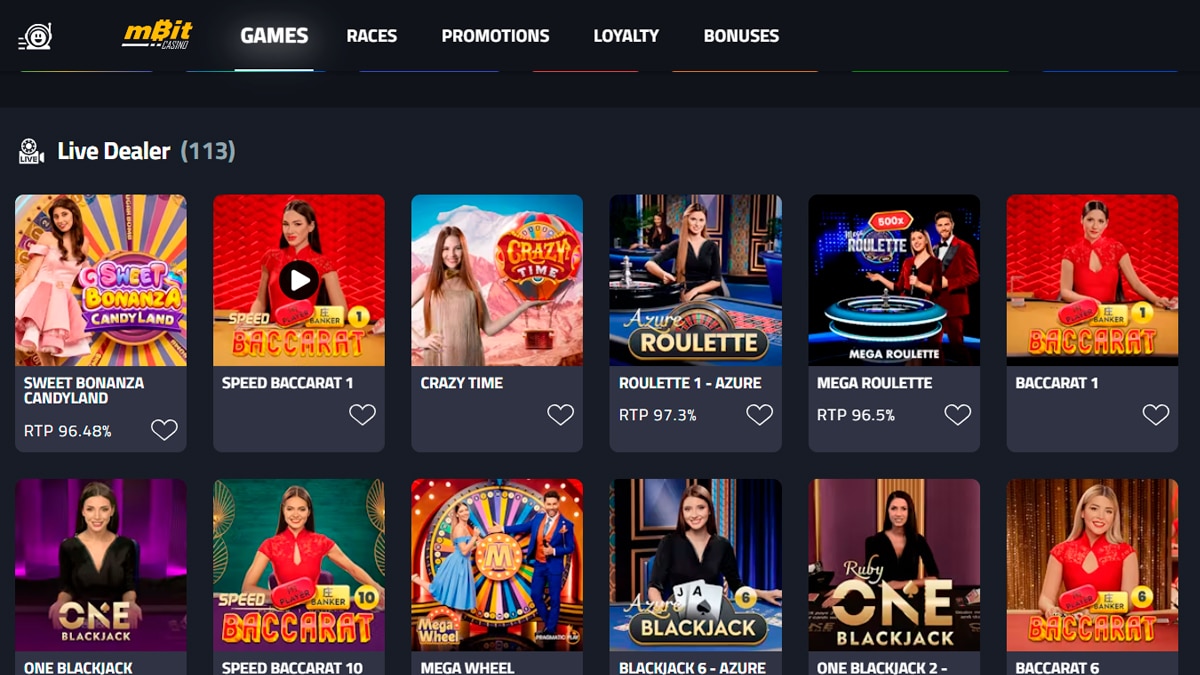 Além de oferecer milhares de slots, o mBit também disponibiliza um catálogo de live casino completo