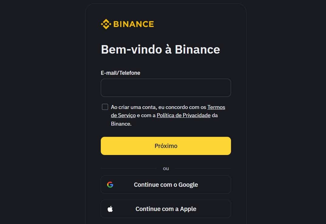 Cadastro na Binance