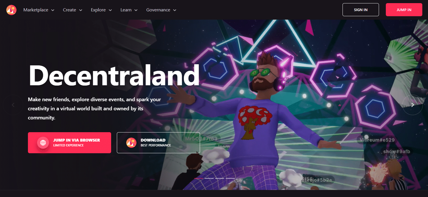 printscreen da página do projeto da Decentraland