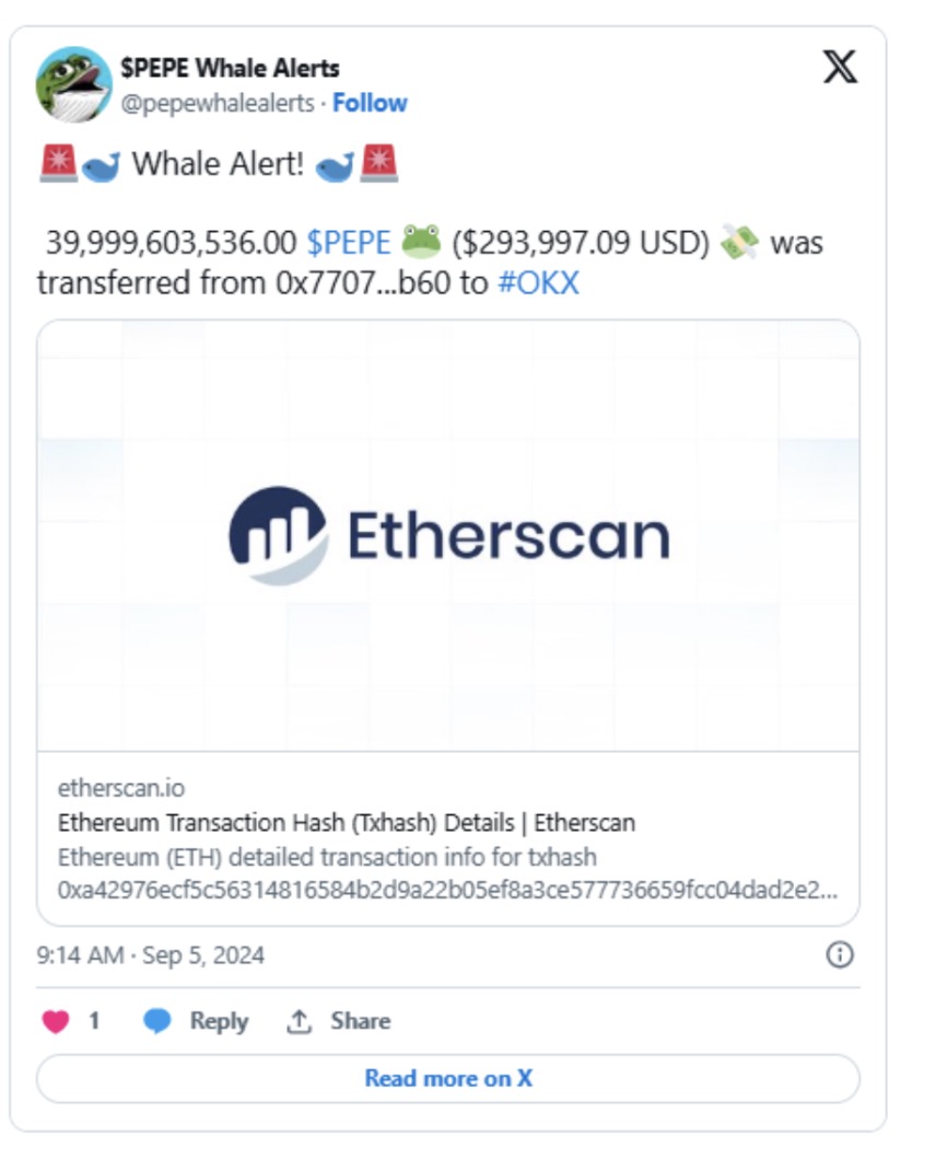 Tweet do $PEPE Whale Alerts