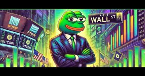 Imagem ilustrativa de Pepe, um sapo, vestido formalmente em um ambiente financeiro de Wall Street, com gráficos e monitores mostrando criptomoedas e ações.