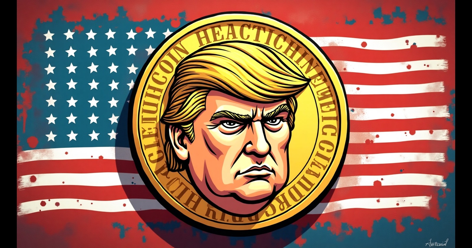 Imagem de ilustração estilizada de Donald Trump, com fundo da bandeira dos Estados Unidos e representação de moeda. Ideal para destacar o tema de como comprar memecoin de Trump.