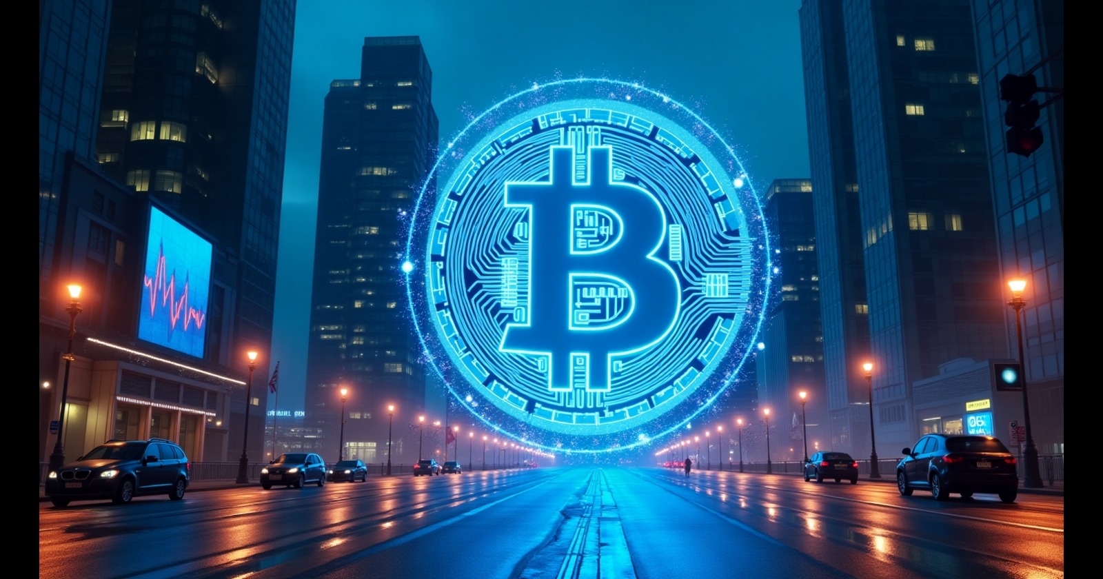 Imagem futurista mostrando um símbolo de Bitcoin em uma cidade à noite, iluminada com luzes azuis vibrantes e reflexos em uma estrada molhada.