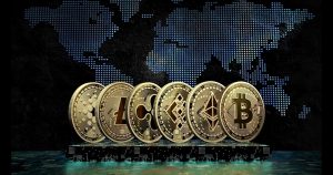 Imagem ilustrativa de criptomoedas com várias moedas digitais em destaque como Bitcoin, Ethereum, Litecoin e Ripple, representando o crescimento do mercado financeiro digital e as melhores altcoins para comprar no inicio de 2025