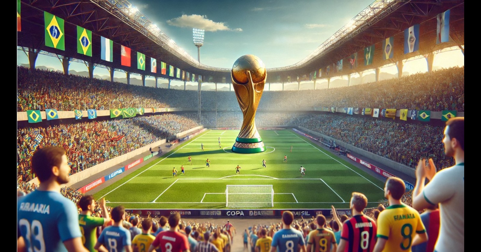 imagem de um estádio de futebol lotado com bandeiras de seleções e o troféu da Copa do Brasil em destaque, simbolizando a paixão pelo futebol