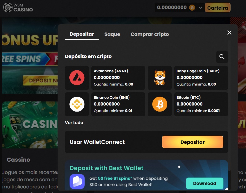 tela de deposito WSM Casino