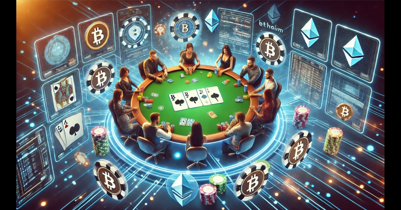 Imagem de um jogo de poker com temática de criptomoedas, mostrando jogadores ao redor de uma mesa com fichas de apostas, moedas de Bitcoin e Ethereum, e gráficos digitais ao fundo.