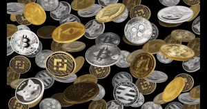 Imagem com várias moedas de criptomoedas, incluindo Bitcoin, Binance Coin e outras. A diversidade das moedas reflete o crescimento do mercado de criptomoedas e token Best Wallet