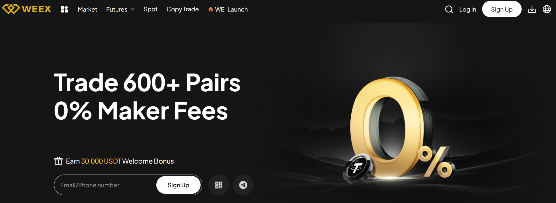 Pagina principal da corretora Weex, sem KYC