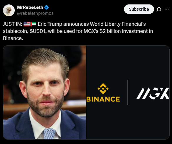 Tweet sobre USD1 e Eric Trump