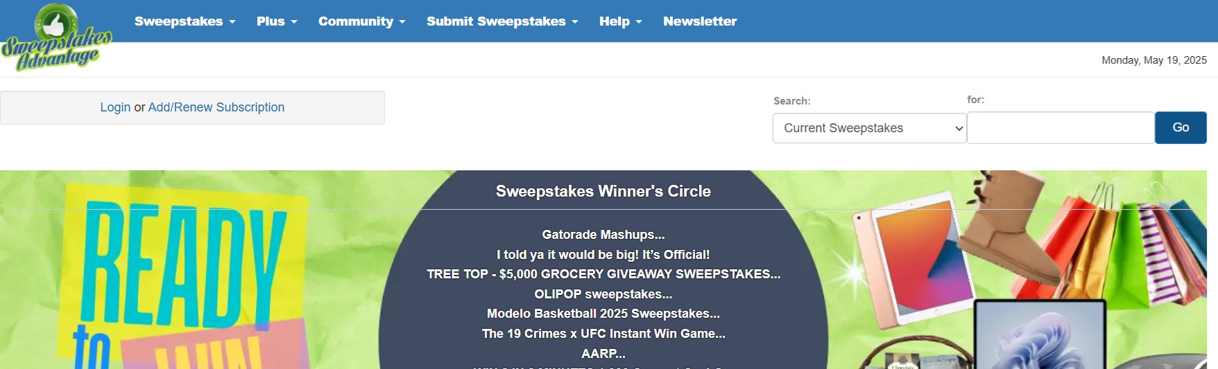 pagina principal do sweepstakes advantage