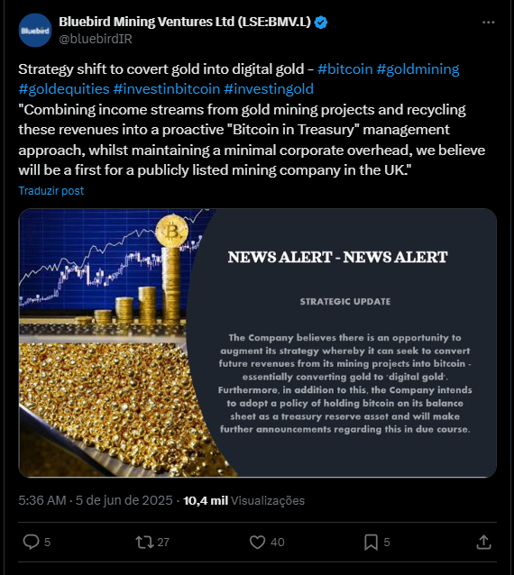Mineradora de Bitcoin vai comprar ouro