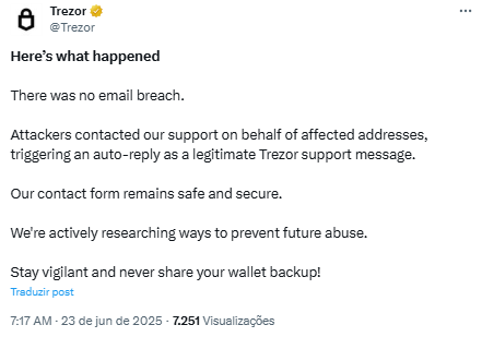 Trezor esclarece tentativa de phishinh - Fonte: X