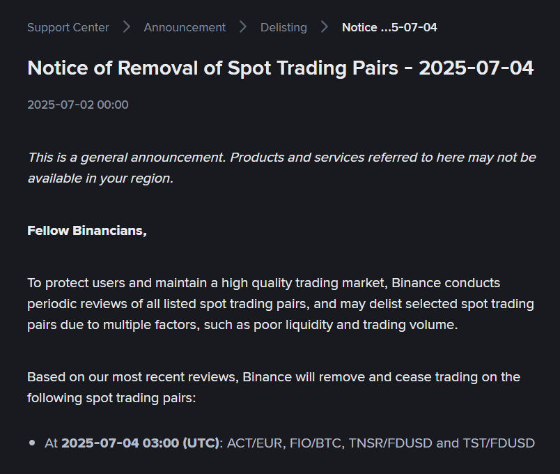 Deslistagem Binance
