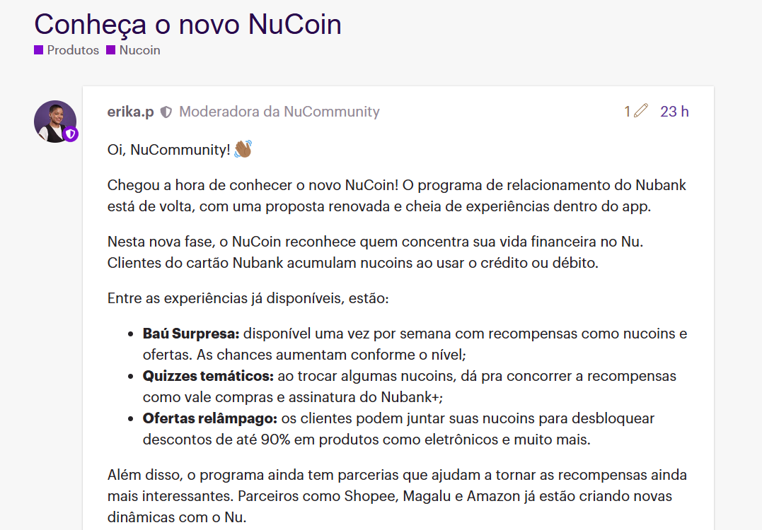 Nubank volta com a Nucoin