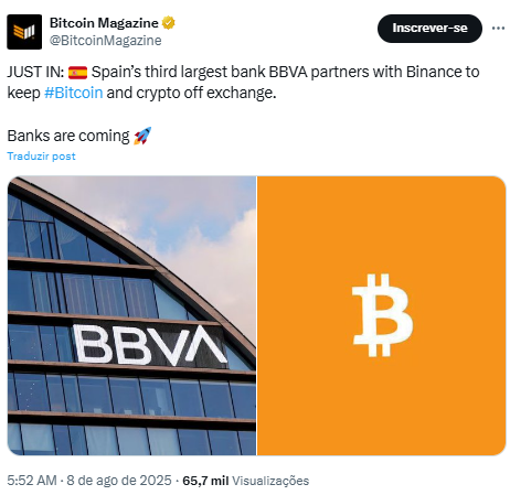 Binance e BBVA firmam parceria. Fonte: Bitcoin Magazine/X