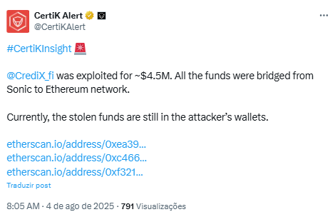 Informações sobre o ataque hacker - Fonte: CertiK/X