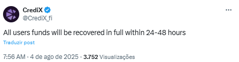 CrediX promete recuperar fundos em até 48 horas - Fonte: CrediX/X