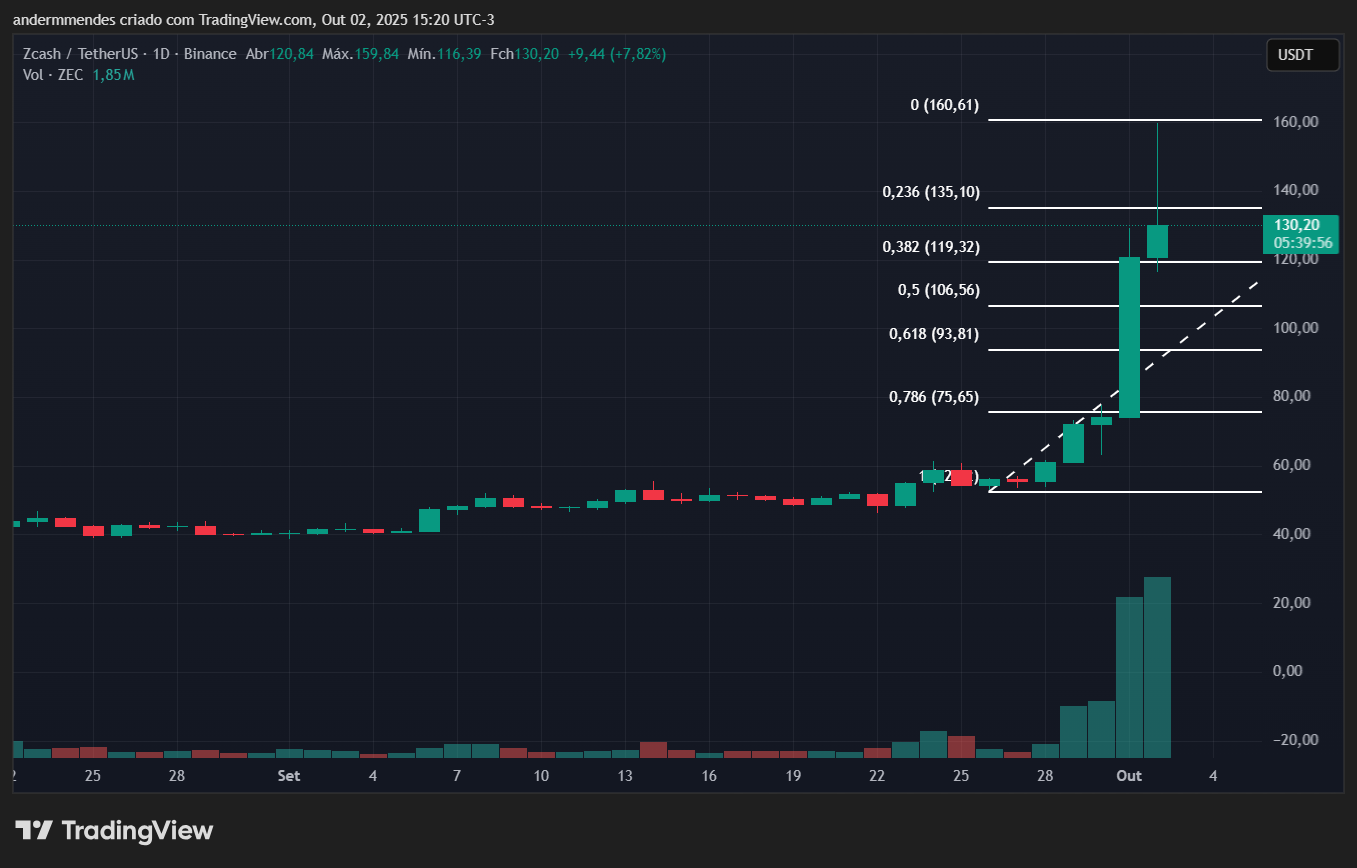 Gráfico da Zcash (ZEC) no TradingView