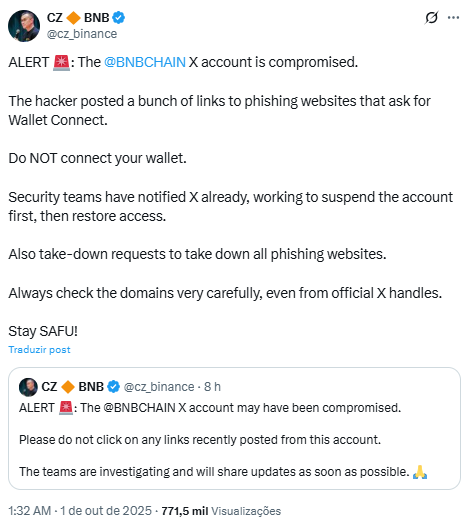 CZ alerta sobre ataque à conta da BNB Chain no X - Fonte: CZ/X