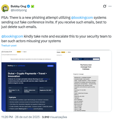 Alerta sobre golpe que mira usuários de criptomoedas - Fonte: Bobby One/X
