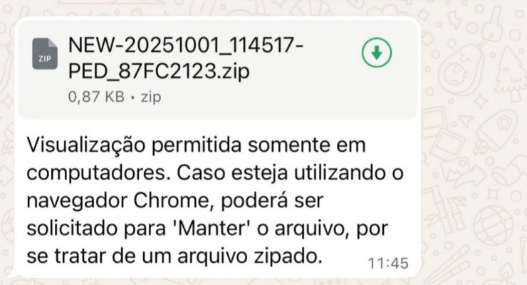 Arquivo .LNK malicioso chega dentro de um arquivo ZIP no WhatsApp. Fonte: Securelist