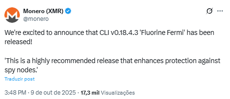 Anúncio da Monero - Fonte: X