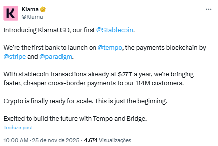 Klarna anuncia stablecoin - Fonte: X