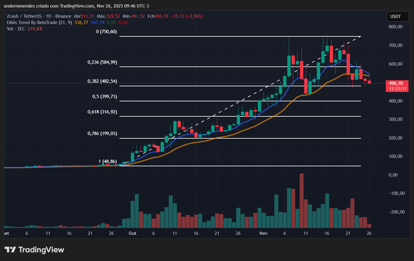 Gráfico da Zcash (ZEC) no TradingView