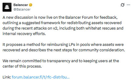 Balancer divulga plano de reembolso - Fonte: X