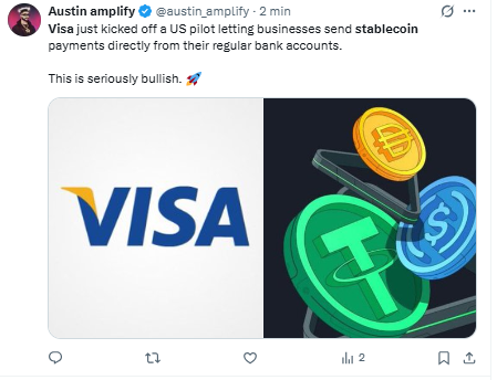 Visa integra pagamentos com stablecoin USDC