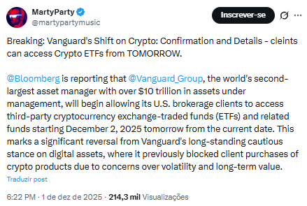 Vanguard libera ETFs de Bitcoin - Fonte: X