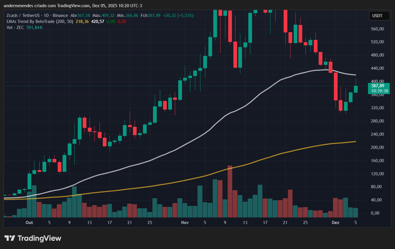 Gráfico da Zcash (ZEC) no TradingView