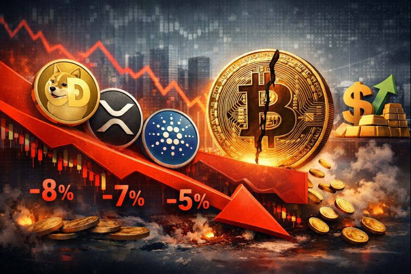 Dogecoin, XRP e Cardano caem a mínimas desde 2024