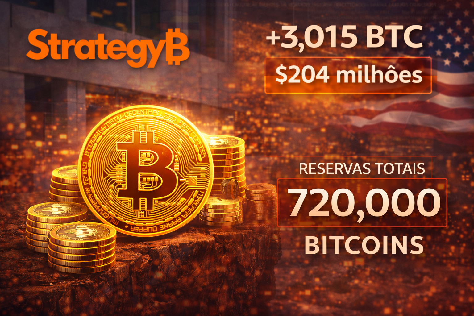 Strategy compra mais 3.015 BTC por US$ 204 milhões e eleva reservas para 720 mil bitcoins