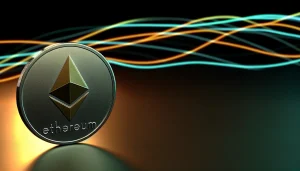 Ethereum coin with orange accent lighting against dark background with blockchain data flows