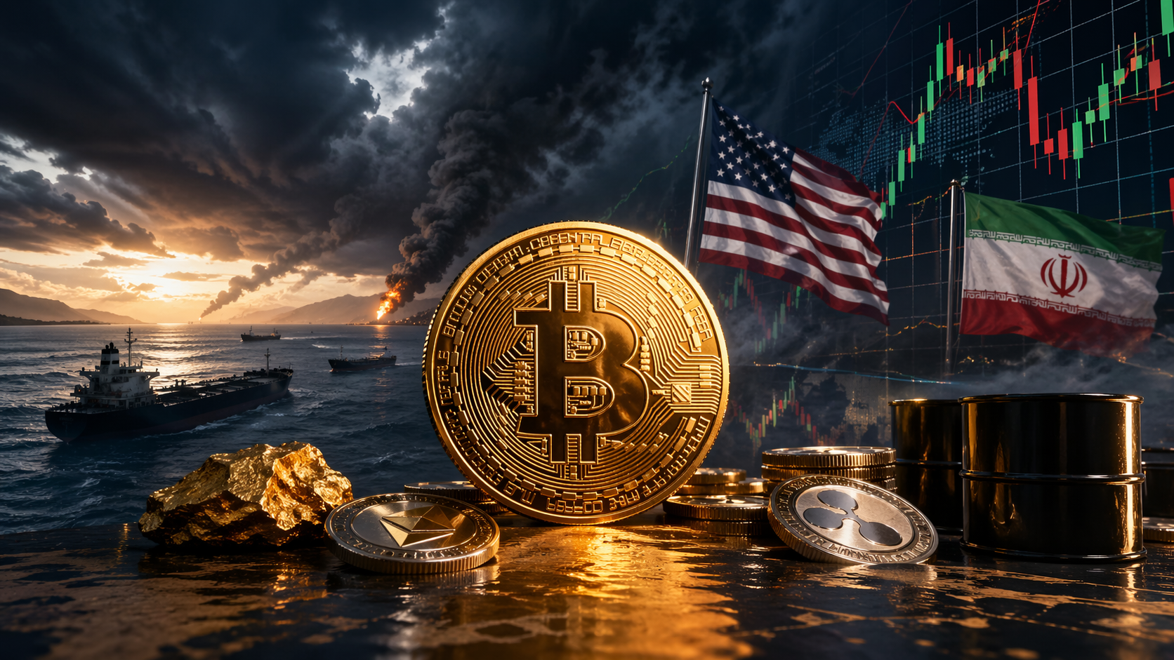 Bitcoin, Ethereum e XRP reagem à tensão no Irã e ao risco geopolítico global