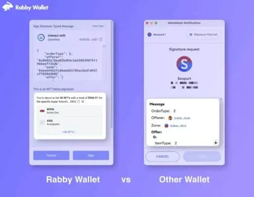 Comparison of Rabby Wallet and another wallet interface for signing Ethereum messages.